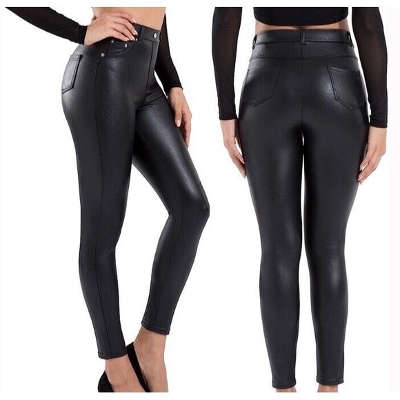 Tagoo Faux Leather Leggings High Waisted Pants Stretch Skinny Pockets Medium NEW - Picture 1 of 12